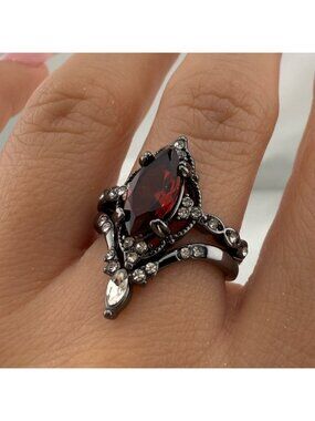 2x  gothic Black silver and Red Gemstone Ring